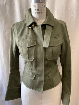 Womens, Casual Jacket, ALC, Olive Green, Cotton, Linen, 6, Spread Collar with Tab and Metal Loop Closure, Button Front, Four Flap Patch Pockets, Peplum Back