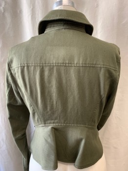 Womens, Casual Jacket, ALC, Olive Green, Cotton, Linen, 6, Spread Collar with Tab and Metal Loop Closure, Button Front, Four Flap Patch Pockets, Peplum Back