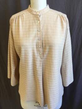 FOX 16, Lt Brown, White, Beige, Polyester, Cotton, Plaid-  Windowpane, 1" Seam Crew Neck, Gathered Shoulder Front & Back, 6 Button Front, 3/4  Sleeves, Curved Hem