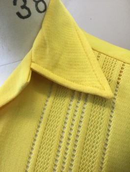 LEED'S MEN, Yellow, Synthetic, Solid, Knit, Short Sleeve Button Front, Collar Attached, Open Textured Knit Stripes at Either Side of Front, with 2 Patch Pockets at Hips,