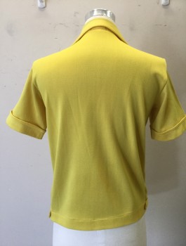 LEED'S MEN, Yellow, Synthetic, Solid, Knit, Short Sleeve Button Front, Collar Attached, Open Textured Knit Stripes at Either Side of Front, with 2 Patch Pockets at Hips,