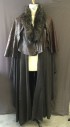 MTO, Brown, Dusty Black, Leather, Polyester, Solid, Leather Capelet Over Elephant Hide Textured Raw Edged Bias Draped Poncho, Leather Barrel Toggle Buttons, Faux Fur Shawl Collar,