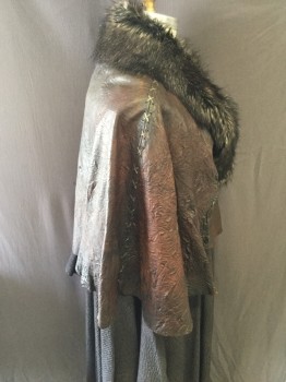 MTO, Brown, Dusty Black, Leather, Polyester, Solid, Leather Capelet Over Elephant Hide Textured Raw Edged Bias Draped Poncho, Leather Barrel Toggle Buttons, Faux Fur Shawl Collar,