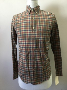 JCREW, Olive Green, Red, Lt Brown, Navy Blue, Cotton, Plaid, Button Down Collar, Long Sleeves, 1 Pocket,