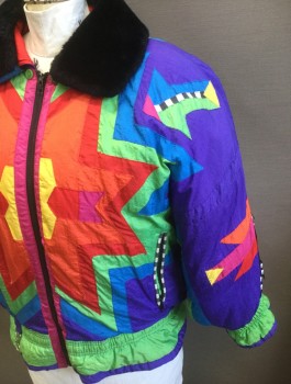 NEIMAN MARCUS, Multi-color, Purple, Orange, Red, Black, Nylon, Cotton, Color Blocking, Geometric, Puffy Winter Jacket with Colorful Geometric Quilted Panels, Black Furry Collar, Zip Front, Padded Shoulders, 2 Zip Pockets, Conchos with Faux Suede Tassles at Center Back & Elbows,