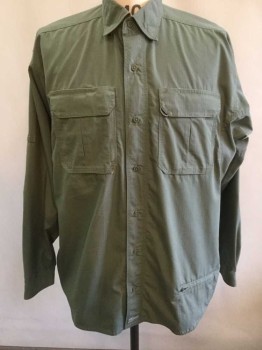 BLACKHAWK, Olive Green, Polyester, Cotton, Solid, Outdoor/Rugged Wear, Grid Texture Fabric, Long Sleeve Button Front, Collar Attached, 2 Flap Pockets with Velcro Closure At Chest, 1 Pocket On Right Sleeve, Both Sleeves Have Loops At Mid Arm