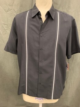 HAVANERA, Black, Warm Gray, Rayon, Solid, Stripes - Vertical , Button Front, Short Sleeves, Collar Attached, Inset Stripes and Top Stitch, Boxy Vacation Cut, 90's Swingers Style