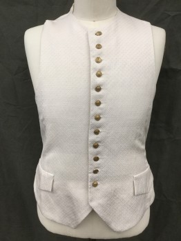 Mens, Historical Fiction Vest, MTO, Ivory White, Silk, Solid, 42, Self Basket Weave-Like Textured, Gold Ornate Button Front, 2 Faux Flap Pockets, Solid White Back with Tab Buckle at Waist