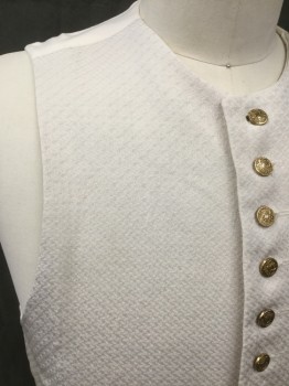 Mens, Historical Fiction Vest, MTO, Ivory White, Silk, Solid, 42, Self Basket Weave-Like Textured, Gold Ornate Button Front, 2 Faux Flap Pockets, Solid White Back with Tab Buckle at Waist