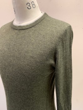 Mens, Pullover Sweater, BARNEY'S NEW YORK, Olive Green, Gray, Cashmere, Solid, M, Dusty Olive, Knit, Long Sleeves, Gray Panel at Crew Neck and Cuffs