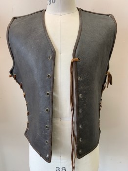 Mens, Historical Fiction Vest, MTO, Brown, Leather, Solid, C38-40, Aged, Lace Up Sides and Front with Metal Grommets, V-neck, Thick