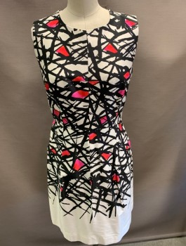 Womens, Dress, Sleeveless, MILLY, White, Black, Pink, Red, Cotton, Viscose, Graphic, 0, CN,  Pockets, Black Zipper at CB