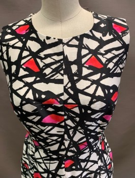 Womens, Dress, Sleeveless, MILLY, White, Black, Pink, Red, Cotton, Viscose, Graphic, 0, CN,  Pockets, Black Zipper at CB