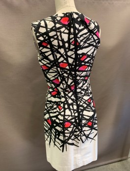 MILLY, White, Black, Pink, Red, Cotton, Viscose, Graphic, CN,  Pockets, Black Zipper at CB