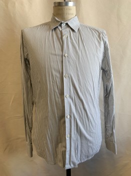 Mens, Casual Shirt, THEORY, Gray, White, Cotton, Gingham, M, Ll Button Front, Collar Attached,