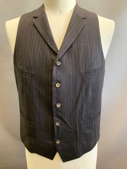 Mens, Vest, MTO, Brown, Taupe, Wool, Synthetic, Stripes - Pin, 42, 5 Buttons, 4 Pockets, Notched Lapel, Polka Dot Back with Belt,