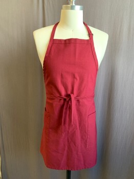 N/L, Red Burgundy, Poly/Cotton, Solid, Adjustable Halter Neck, 2 Pockets, Wrap Around Waist Tie