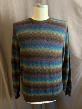 Mens, Pullover Sweater, LENOR ROMANO, Dk Green, Multi-color, Wool, Stripes, Zig-Zag , XL, CN, Brown, Blue, Teal Blue, Light Brown, Purple, Black