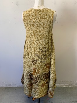 FREE STYLE, Ecru, Ochre Brown-Yellow, Black, Dk Brown, Rayon, Novelty Pattern, Tie-dye, Indigenous Rowers, Over Dress Has Opening on Sides for Pockets, Underdress Solid Ocher, Sleeveless, Button Under Arm See Detail Photo,