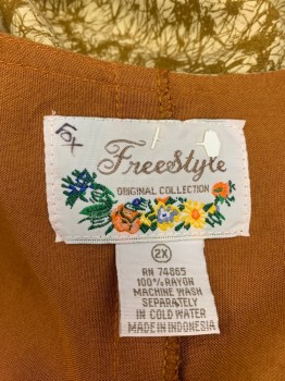 FREE STYLE, Ecru, Ochre Brown-Yellow, Black, Dk Brown, Rayon, Novelty Pattern, Tie-dye, Indigenous Rowers, Over Dress Has Opening on Sides for Pockets, Underdress Solid Ocher, Sleeveless, Button Under Arm See Detail Photo,
