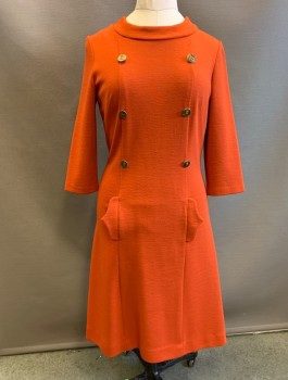 N/L, Red-Orange, Polyester, Solid, Knit, 3/4 Sleeves, Round Neck, Decorative Double Breasted Gold Buttons at Front, 2 Pockets at Hips with Curved Pocket Flaps, Knee Length, Center Back Zipper,
