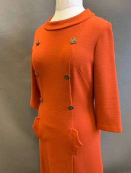 N/L, Red-Orange, Polyester, Solid, Knit, 3/4 Sleeves, Round Neck, Decorative Double Breasted Gold Buttons at Front, 2 Pockets at Hips with Curved Pocket Flaps, Knee Length, Center Back Zipper,