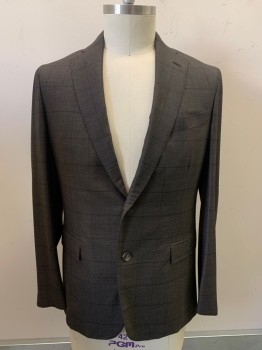 BROOKS BROTHERS, Dk Brown, Black, Wool, Grid , 2 Buttons, Single Breasted, Notched Lapel, 3 Pockets,