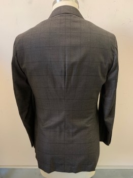 BROOKS BROTHERS, Dk Brown, Black, Wool, Grid , 2 Buttons, Single Breasted, Notched Lapel, 3 Pockets,