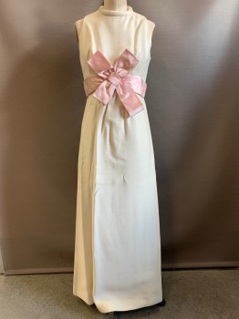 Imagnin, Off White, Baby Pink, Polyester, Solid, Sleeveless, High Neck, Pink Waist Band with Front Bow, Back Zipper,