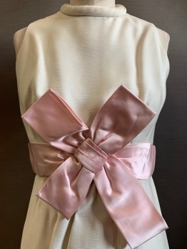 Imagnin, Off White, Baby Pink, Polyester, Solid, Sleeveless, High Neck, Pink Waist Band with Front Bow, Back Zipper,