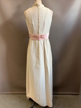 Womens, Evening Gown, Imagnin, Off White, Baby Pink, Polyester, Solid, W27, B34, H36, Sleeveless, High Neck, Pink Waist Band with Front Bow, Back Zipper,