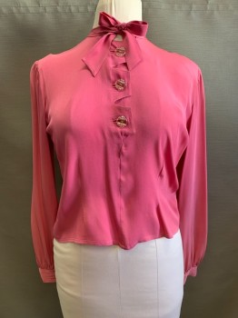 Womens, Blouse, PATTY WOODARD, Pink, Polyester, B: 38, Round Neckline, Neck Tie Attached, Pullover, Half Button Front, Long Sleeves