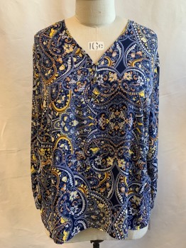 Womens, Top, LIZ CLAIBORNE, Navy Blue, Yellow, Orange, White, Beige, Polyester, Paisley/Swirls, Floral, 1X, V-neck, 3 Gold Button Loop, Long Sleeves, Button Cuff