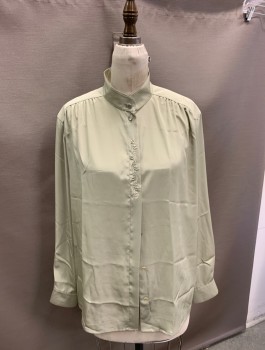 Womens, Blouse, CREATION ATELIER, Lt Green, Polyester, Solid, B:44, Band Collar, B.F., Hidden Placket with Floral Embroidery, Gathers @ Shoulders, L/S,