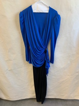 Womens, Jumpsuit, N/L, Primary Blue, Black, Nylon, Solid, W28, B38, Deep V-neck, Long Sleeves, Gathered Waist, Blue Top, Black Bottom, Black Sequins and Beaded Applique on Left Waist