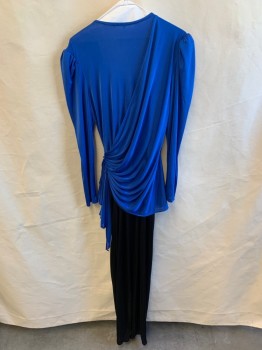 Womens, Jumpsuit, N/L, Primary Blue, Black, Nylon, Solid, W28, B38, Deep V-neck, Long Sleeves, Gathered Waist, Blue Top, Black Bottom, Black Sequins and Beaded Applique on Left Waist