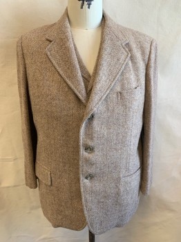 PAUL CHANG, Brown, Beige, Gray, Wool, Herringbone, Notched Lapel, Single Breasted, Button Front, 3 Pockets, CB Vent