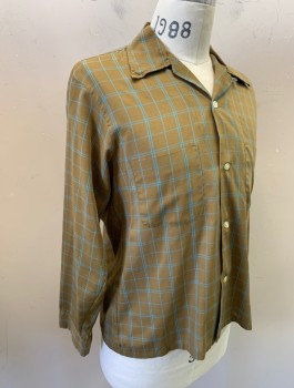 HALL PREST, Olive Green, Turquoise Blue, Cotton, Plaid-  Windowpane, L/S, Button Front, C.A., 2 Patch Pockets