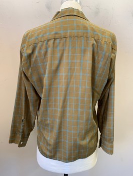 Mens, Casual Shirt, HALL PREST, Olive Green, Turquoise Blue, Cotton, Plaid-  Windowpane, N:15.5, M, L/S, Button Front, C.A., 2 Patch Pockets