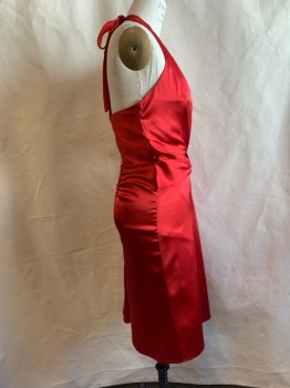 JESSICA MCLINTOCK, Red, Polyester, Spandex, Solid, Gathered Plunge V-neck, Self Tie Halter, Self Waist Band, Gathered Back Detail