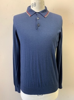 Mens, Pullover Sweater, SAKS FIFTH AVENUE, French Blue, Wool, L, Collar Attached, Red & Beige Stripe on Collar, Half Button Front, Long Sleeves, Knit