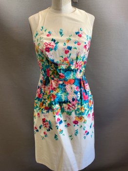 Womens, Dress, Sleeveless, MAEVE, Cream, Multi-color, Cotton, Spandex, Abstract , Floral, Sz.2, Round Neck, Watercolor Flowers Concentrated At Waist, Princess Seams, Knee Length, 2 Side Pockets