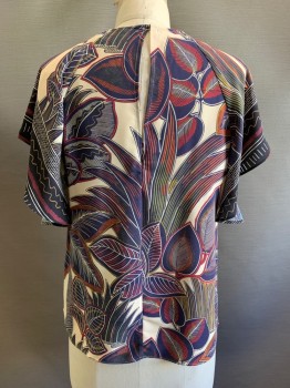 Womens, Blouse, WHISTLES, Navy Blue, Beige, Orange, Red, Multi-color, Polyester, Animal Print, Spots , 4, S/S, Crew Neck, Flared Sleeves
