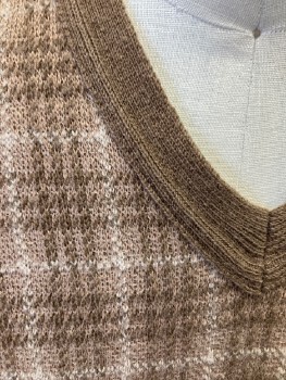 RALPH LAUREN, Brown, Lt Brown, Taupe, Wool, Linen, Plaid, Knit, Solid Brown Rib Knit V-neck/Armholes/Waist/Back