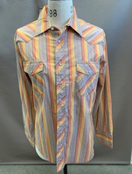 Mens, Western Shirt, Wrangler, Tan Brown, Orange, Yellow, Brown, Polyester, Cotton, Stripes, L, L/S Western Collar Shirt Pearl Snap Front 2 Pockets,