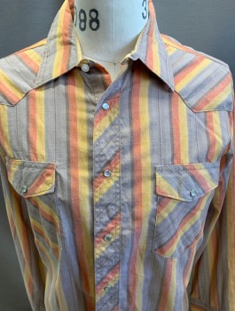 Mens, Western Shirt, Wrangler, Tan Brown, Orange, Yellow, Brown, Polyester, Cotton, Stripes, L, L/S Western Collar Shirt Pearl Snap Front 2 Pockets,