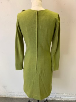 LILLI DIAMOND, Chartreuse Green, Wool, Solid, L/S,  Zip Back, 1 Self Fabric Button on Left Shoulder for Self Scarf with 4 Fur Tails *Small Brown Stains on Right Sleeve