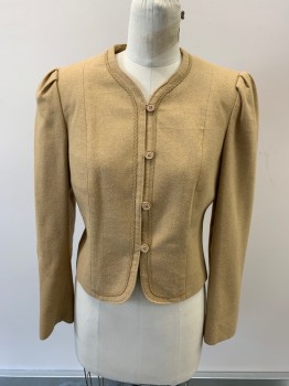PLUM TREE, Camel Brown, Wool, Round Neck,  Single Breasted, Button Front, Braid Trim