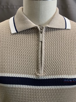 Mens, Polo Shirt, SOUTH POLE, Beige, Navy Blue, White, Polyester, Stripes - Vertical , C48, C.A., 1/4 Zip Front, S/S, Navy & White Vertical Stripes on Collar/Front/Back/Cuffs, Rib Knit Collar & Cuffs 
