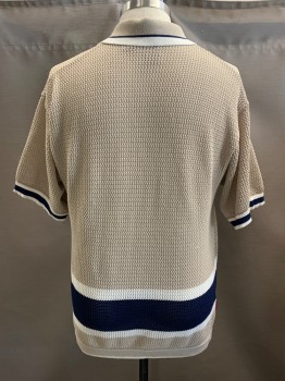 Mens, Polo Shirt, SOUTH POLE, Beige, Navy Blue, White, Polyester, Stripes - Vertical , C48, C.A., 1/4 Zip Front, S/S, Navy & White Vertical Stripes on Collar/Front/Back/Cuffs, Rib Knit Collar & Cuffs 